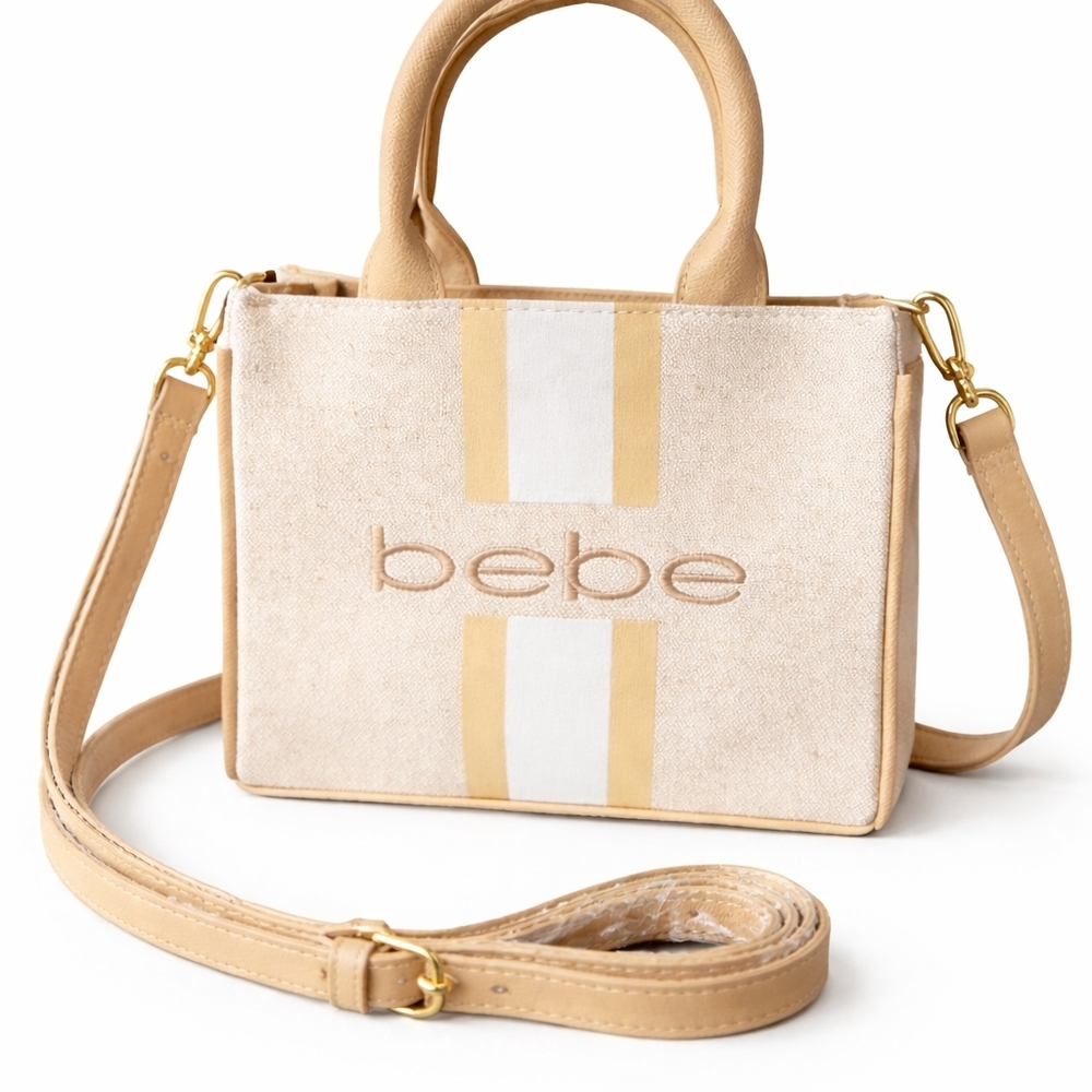 BEBE BEIGE AND WHITE CANVAS CROSSBODY BAG